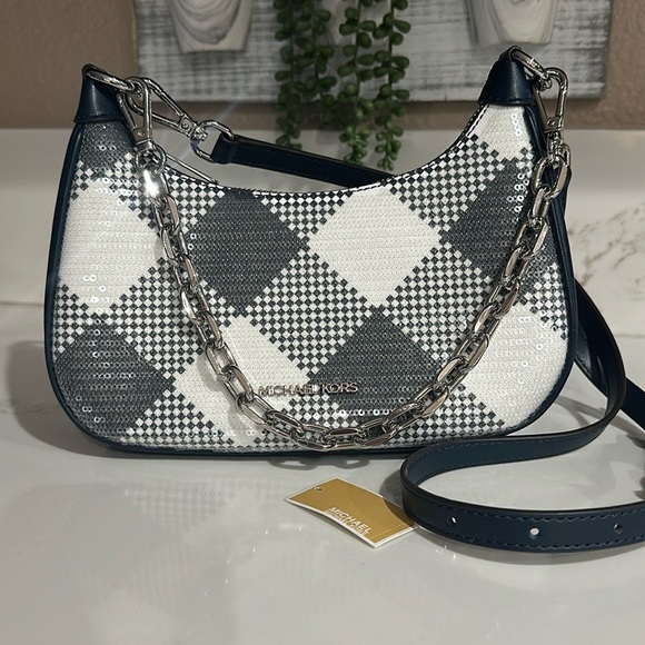 Michael Kors Cora Medium Zip Sequin Navy Pouchette Crossbody Purse - Picture 1 of 8